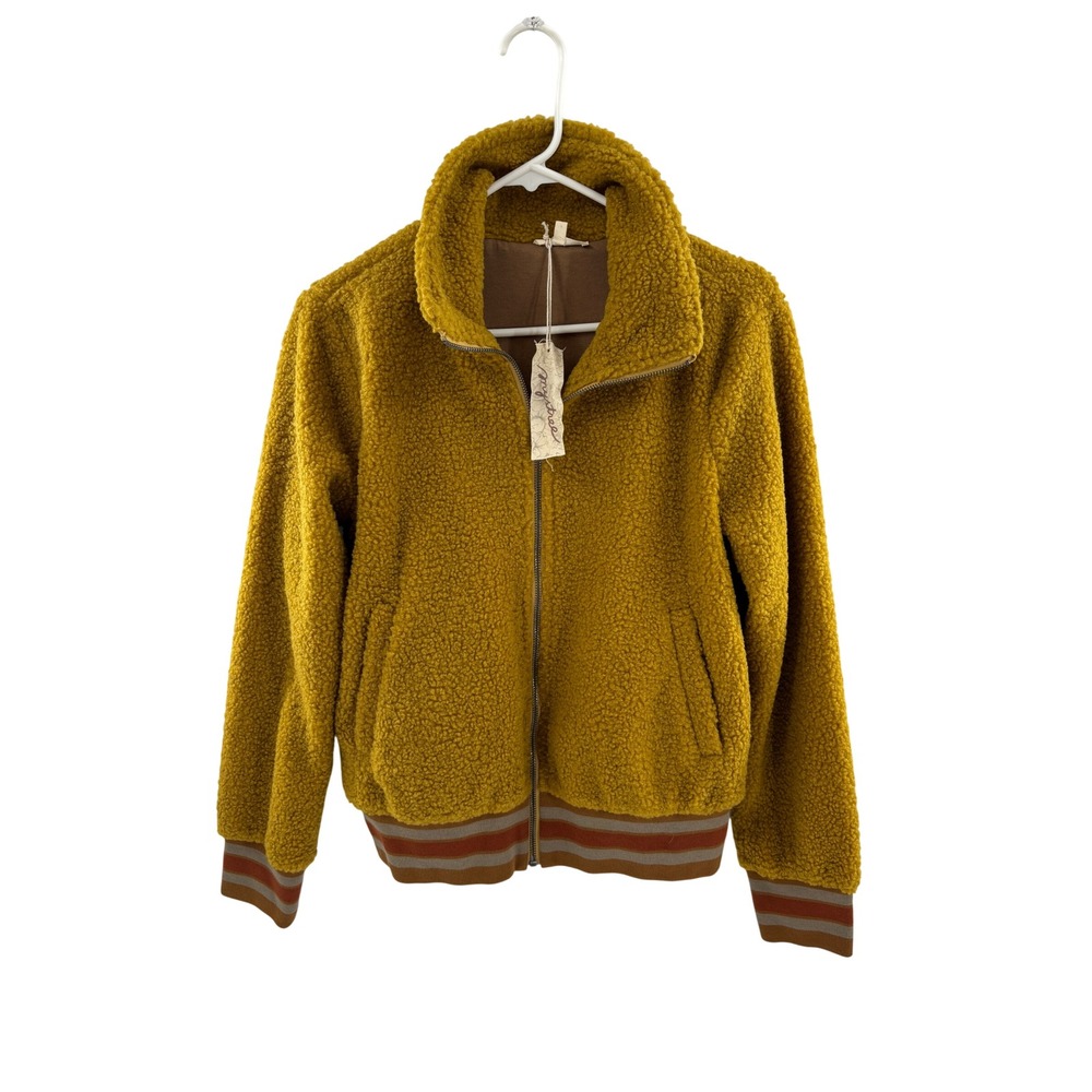 Mystree Sherpa Bomber Jacket Gold Mustard Ribbed Collar Cuffs Size S